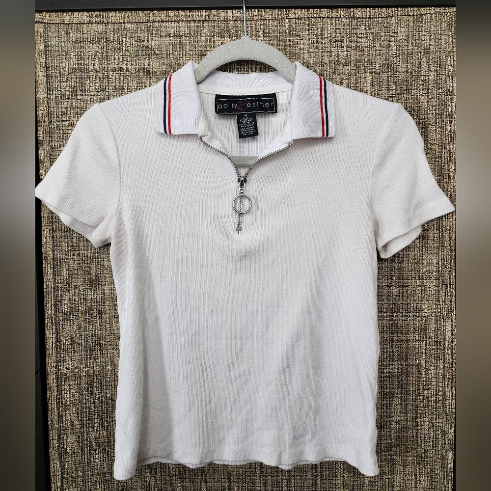 Polly Esther White Polo Shirt with Zipper